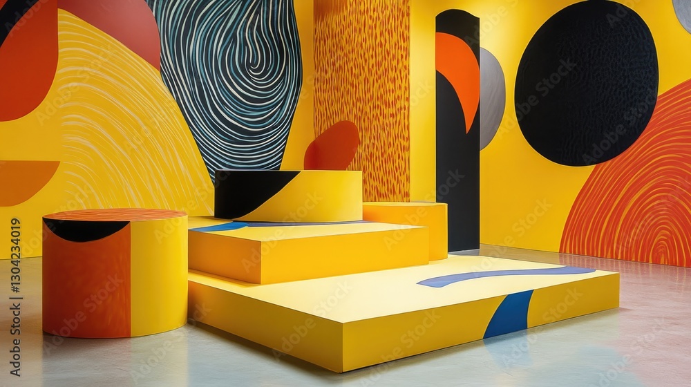 Poster A vibrant yellow platform with abstract patterns, showcasing a combination of bold lines and colors for a dynamic visual display