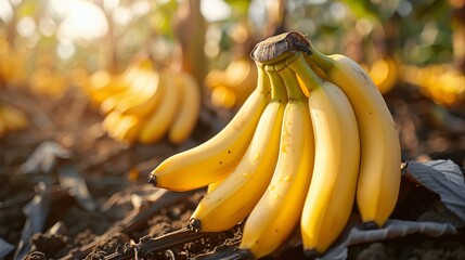 Ripe yellowing bananas hang in clusters on banan