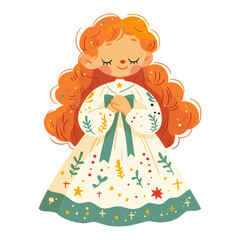 Cute little girl in a dress decorated with flowers.