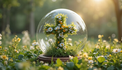 Beautiful Garden Easter Cross Enclosed in a Glass Globe – A Unique and Inspiring Image for Holiday Branding
