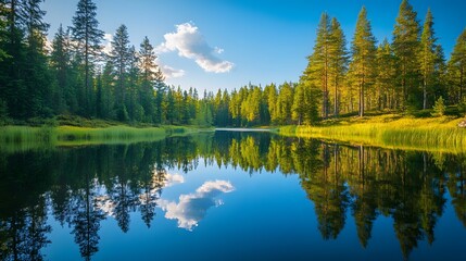 Fototapeta premium A mirror-like lake set among towering pines with a flawless reflection