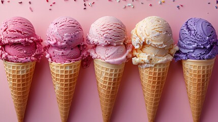 Ice cream cones of different flavors with pink background