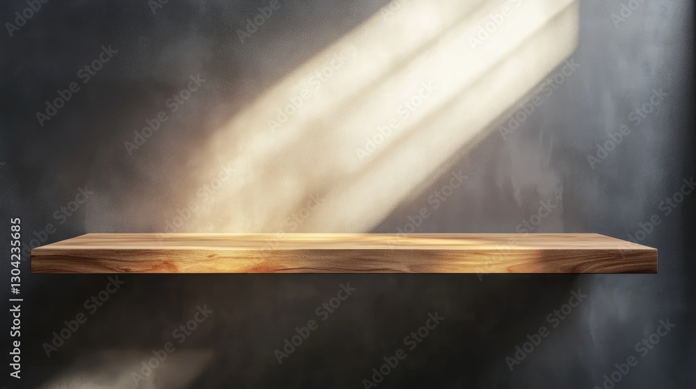Aufkleber a wooden shelf highlighted by a spotlight in a clean, modern interior, offering a perfect background