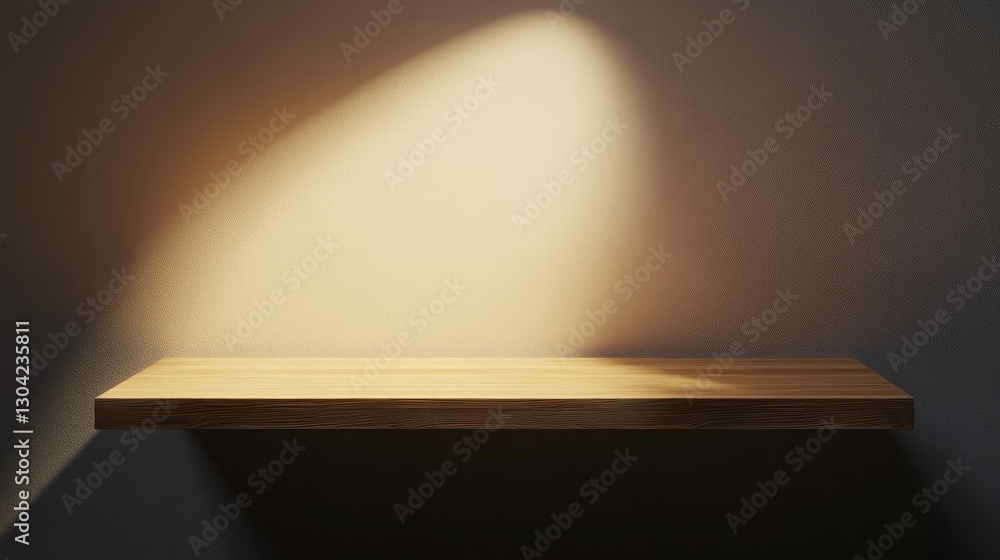 Fototapete a wooden shelf under a soft spotlight, designed for displaying products in a minimalist interior, cr