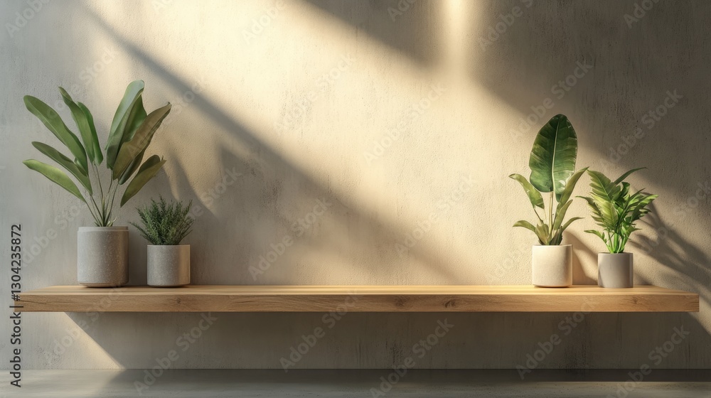 Poster a wooden shelf under a spotlight, displaying products in a stylish and minimalistic interior, perfec