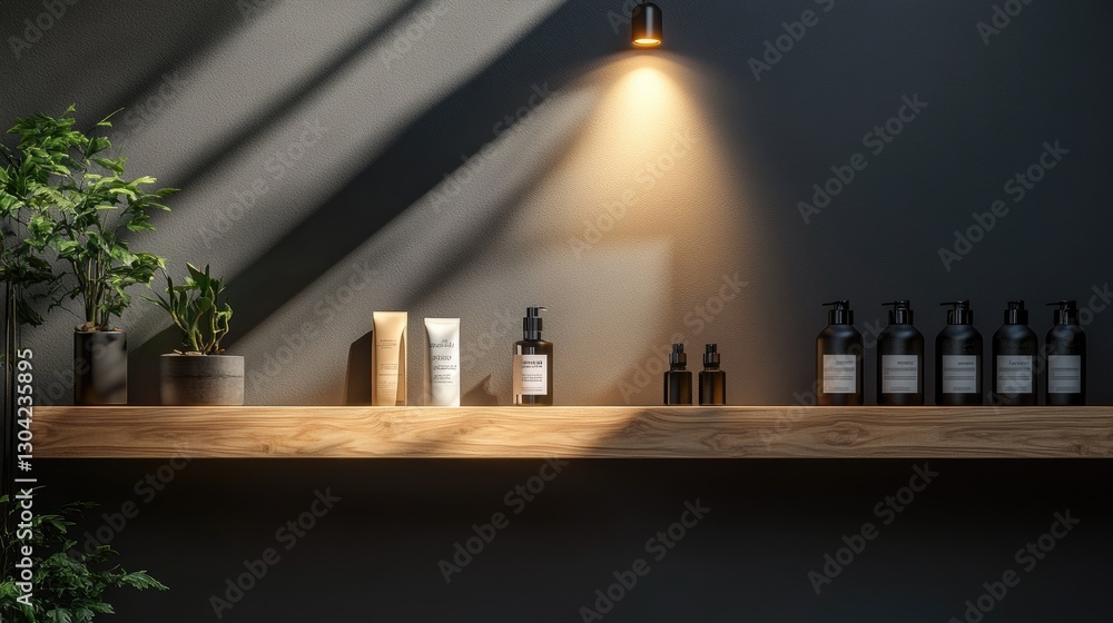 Poster a wooden shelf under a spotlight, displaying products in a stylish and minimalistic interior, perfec