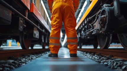 Worker in safety gear stands between train cars on a railway track, showcasing industrial maintenance in action