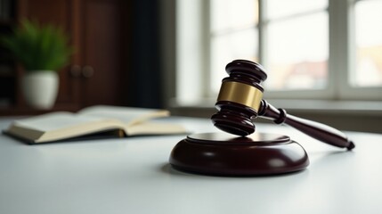 Gavel rests on sound block near open book, signifying legal proceedings and judicial decisions in a professional setting