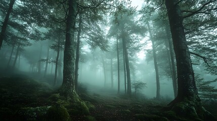 Fototapeta premium A fog-laden ancient forest with towering trees and diffused soft light