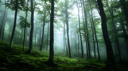 Fototapeta premium A fog-laden ancient forest with towering trees and diffused soft light