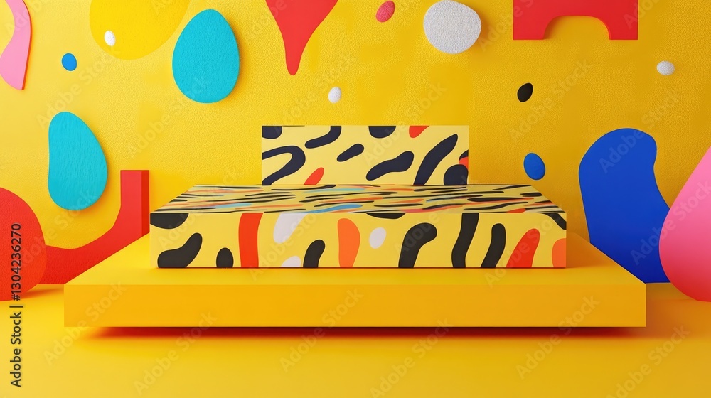 Poster a yellow platform with striking abstract designs, creating a vibrant and eye-catching visual, perfec