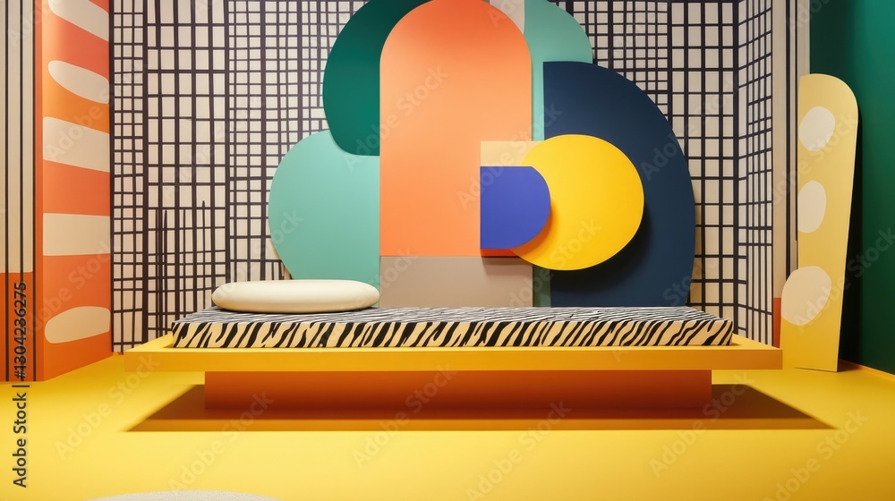Poster a yellow platform with striking abstract designs, creating a vibrant and eye-catching visual, perfec