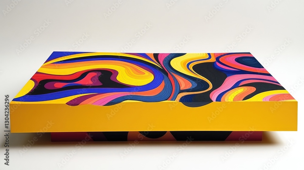 Poster a yellow platform with striking abstract designs, creating a vibrant and eye-catching visual, perfec