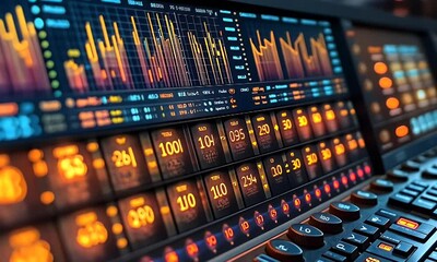 Financial data streams on digital control panel, futuristic office backdrop - Powered by Adobe