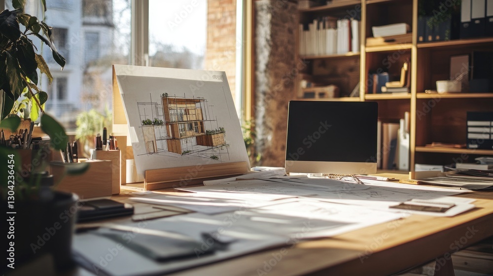 Poster an architect workspace showcasing the creative process with sketches, plans, and digital renderings,
