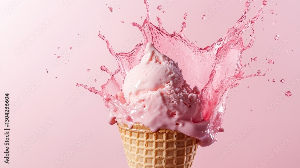 Poster An ice cream cone with pink liquid splashing from it creates a playful and dynamic visual, representing creativity, flavor, and fun in a whimsical style.