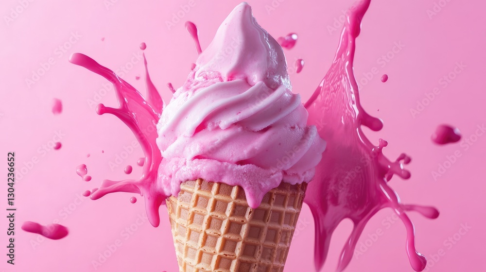 Poster An ice cream cone with pink liquid splashing from it creates a playful and dynamic visual, representing creativity, flavor, and fun in a whimsical style.