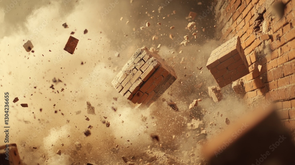 Aufkleber an intense moment of bricks exploding, with dust and flying debris filling the air, creating a high-