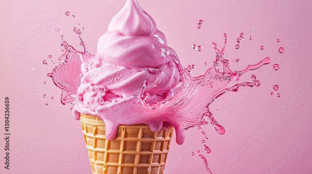 Aufkleber An ice cream cone with pink liquid splashing from it creates a playful and dynamic visual, representing creativity, flavor, and fun in a whimsical style.