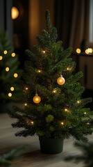 Small Christmas tree in pot, lit by string lights