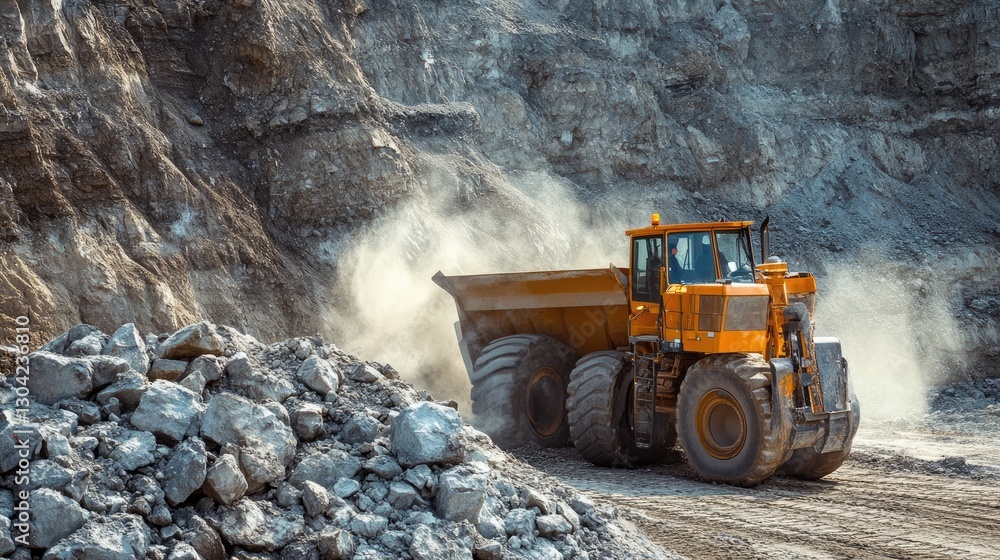 Poster an orange construction vehicle at work in a quarry, breaking apart large rocks with force, capturing