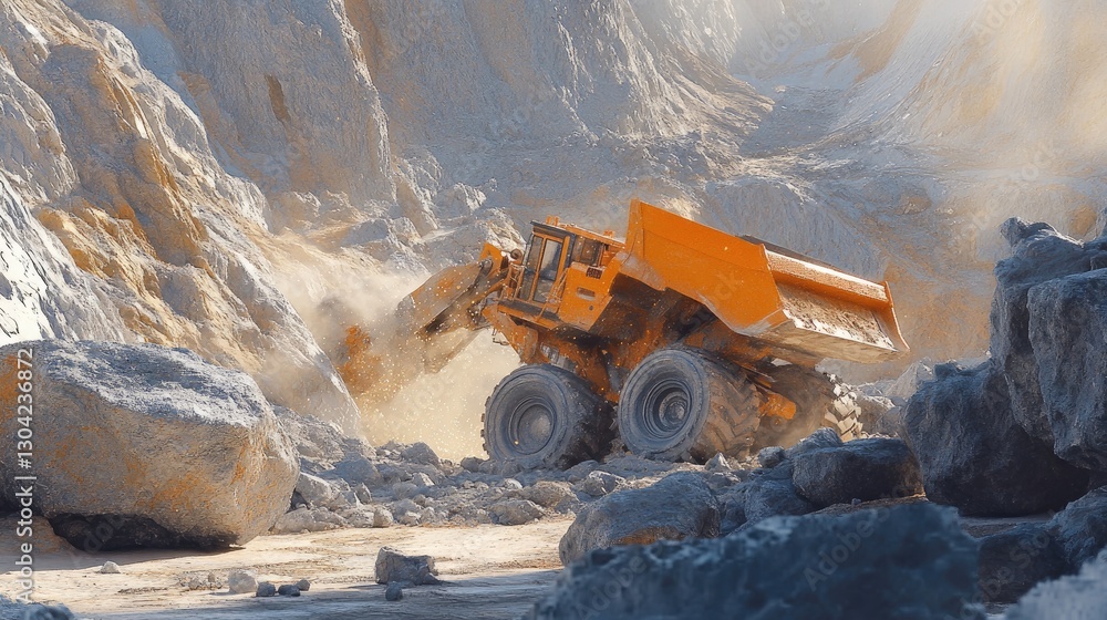 Poster an orange construction vehicle breaking large rocks in a quarry, set in a rugged outdoor environment