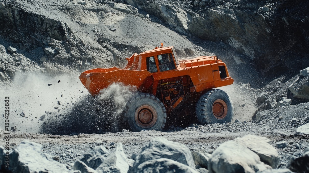 Poster an orange construction vehicle breaking large rocks in a quarry, set in a rugged outdoor environment