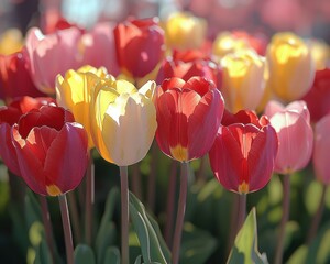 Obraz premium A vibrant array of tulips in various shades of red, yellow, and pink blooms amidst lush green leaves, creating a stunning contrast in a sunlit field, evoking a sense of springtime joy.
