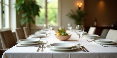 Elegant table setting with gleaming silverware and pristine white dishes, ready for a formal dinner party in a sunlit dining room