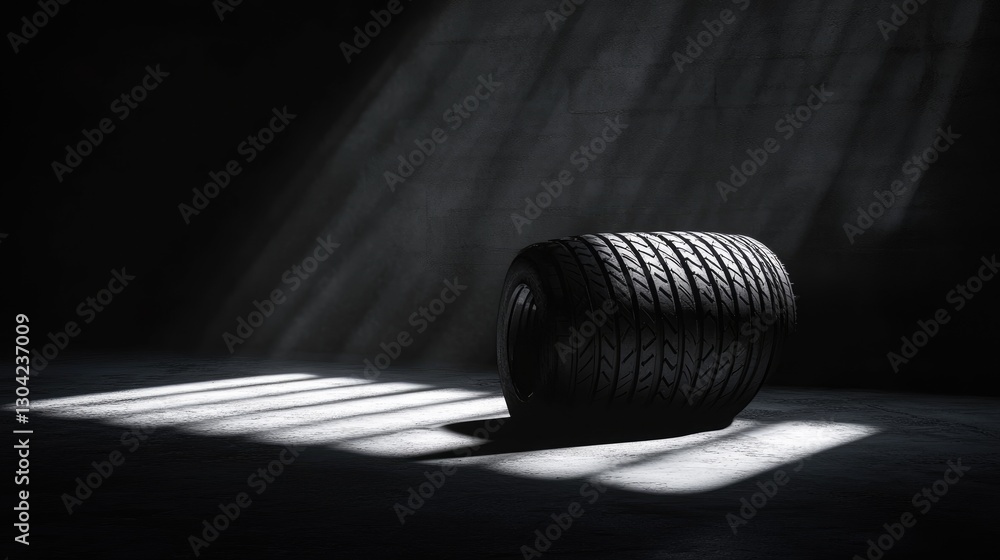 Poster Artistic lighting showcases a tire, its illuminated surface creating soft, elongated shadows, adding drama and depth to the composition