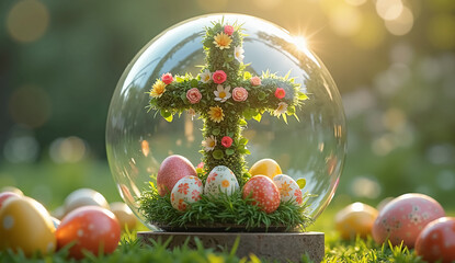 Floral Cross with Vibrant Easter Eggs in a Glass Globe on a Garden – Perfect for Easter Marketing and Promotions