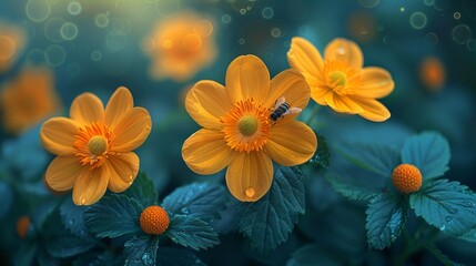 Small yellow bright summer flowers and bee on a flower