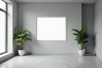 Serene Minimalist Interior Design Featuring a Blank Frame and Lush Greenery