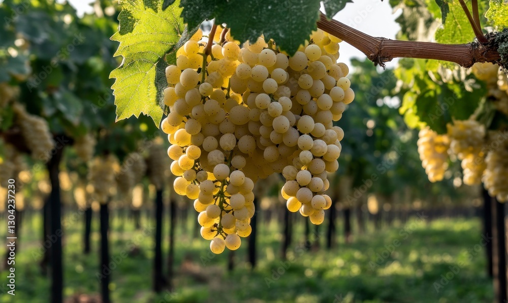 Poster the grapevine is full of grapes hanging from the branches, and green leaves hang on them. the backgr