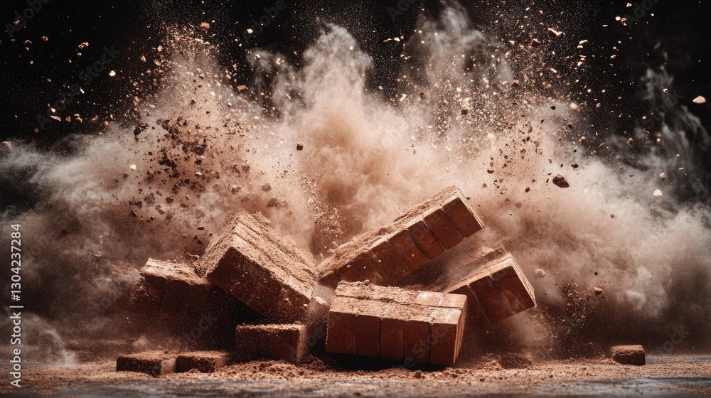 Aufkleber Bricks exploding with raw energy, sending a cloud of dust and flying debris into the air, captured in a moment of powerful impact and artistic tension
