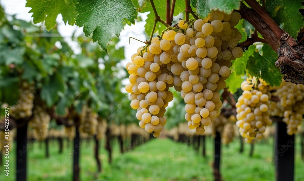 Poster the grapevine is full of grapes hanging from the branches, and green leaves hang on them. the backgr