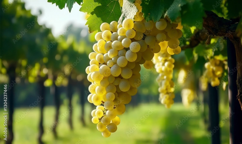 Poster the grapevine is full of grapes hanging from the branches, and green leaves hang on them. the backgr