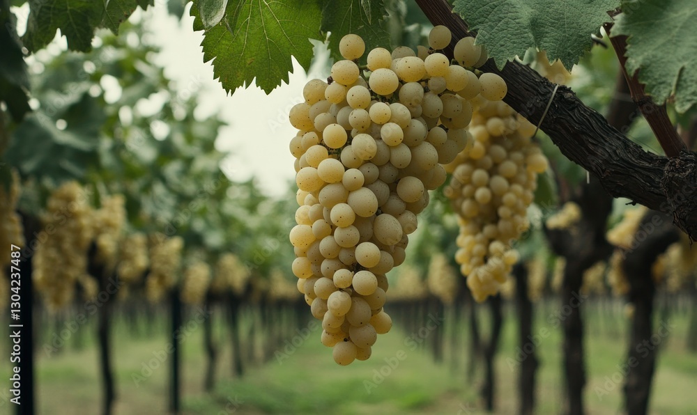 Poster the grapevine is full of grapes hanging from the branches, and green leaves hang on them. the backgr