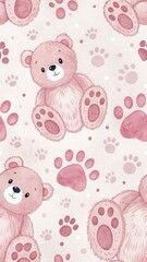 Cute Pet Illustrations in Digital Art Style Concept. Cute pink teddy bears with paw prints on a soft patterned background. Seamless Pattern.