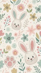 Cute Pet Illustrations in Digital Art Style Concept. Cute bunny pattern with flowers in soft pastel colors on a light background. Seamless Pattern.