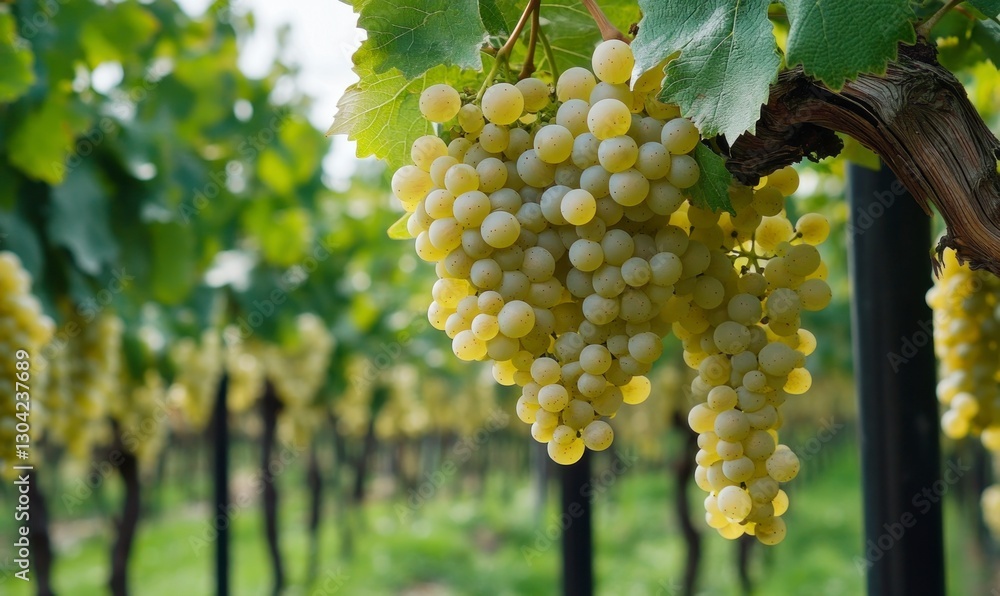 Poster the grapevine is full of grapes hanging from the branches, and green leaves hang on them. the backgr