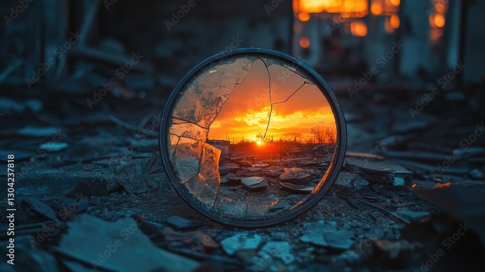 Poster broken pieces of a round mirror reflect the warm sunset glow as they lie on the debris-strewn floor 