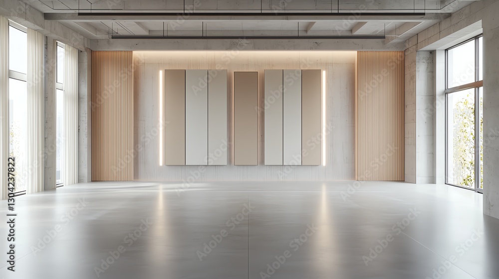 Poster modern empty room with minimalist design and large windows, perfect for events and creative projects