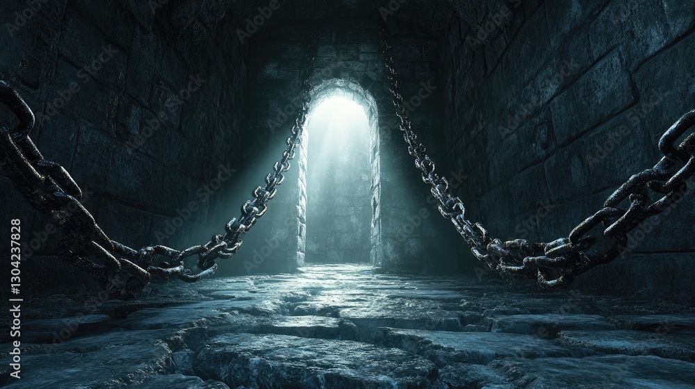 Poster chains in a dark dungeon lead toward a distant light, symbolizing hope and escape from darkness, rep