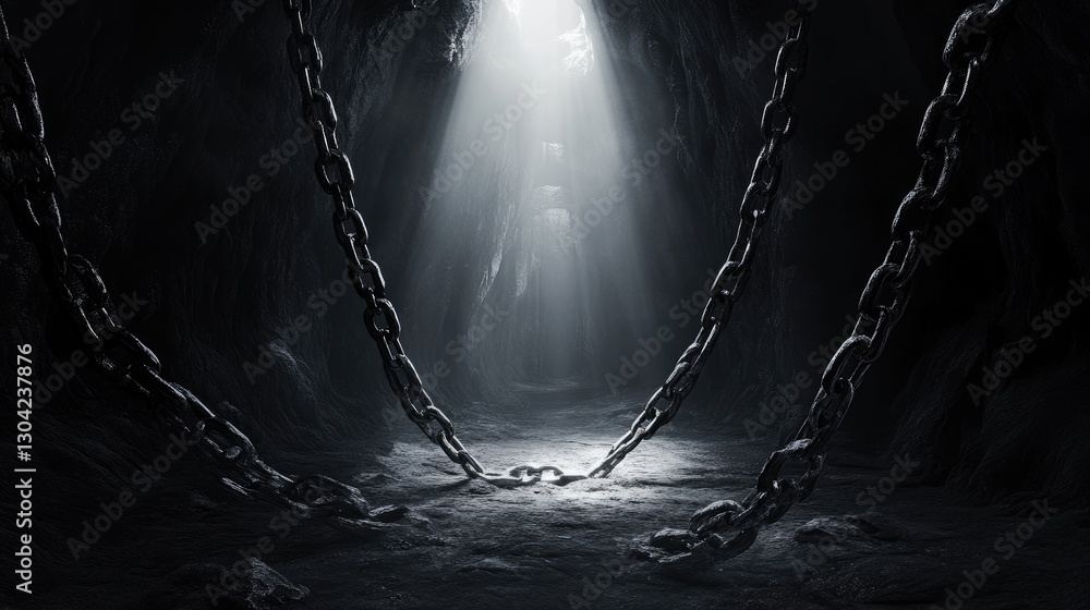 Poster chains in a dark dungeon lead toward a distant light, symbolizing hope and escape from darkness, rep