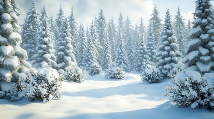Obraz premium Snow-covered trees fill a forest clearing as clouds drift by. Background, postcard