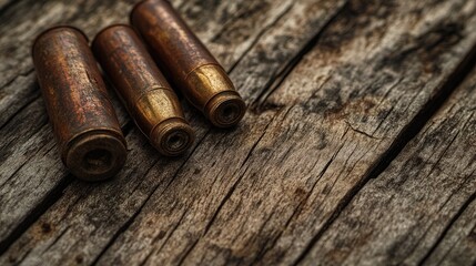 Close-up of rusty ammo placed on weathered wood, set against a grunge background, capturing the historical significance and relics of war in an artistic and gritty manner