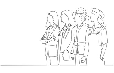 Continuous one line drawing of Women in various professions standing side by side, international women's day, single line art