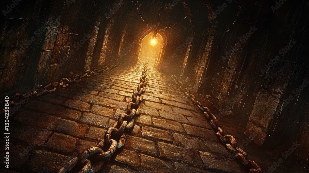 Poster Dark, rusted chains in a dungeon lead the way to a glowing light, symbolizing the path from darkness to enlightenment and freedom.