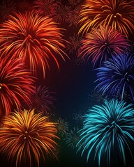 Obraz premium Vibrant fireworks explode in a dazzling array of colors—reds, blues, greens, and yellows—illuminating the night sky against a deep black backdrop, creating a festive atmosphere.